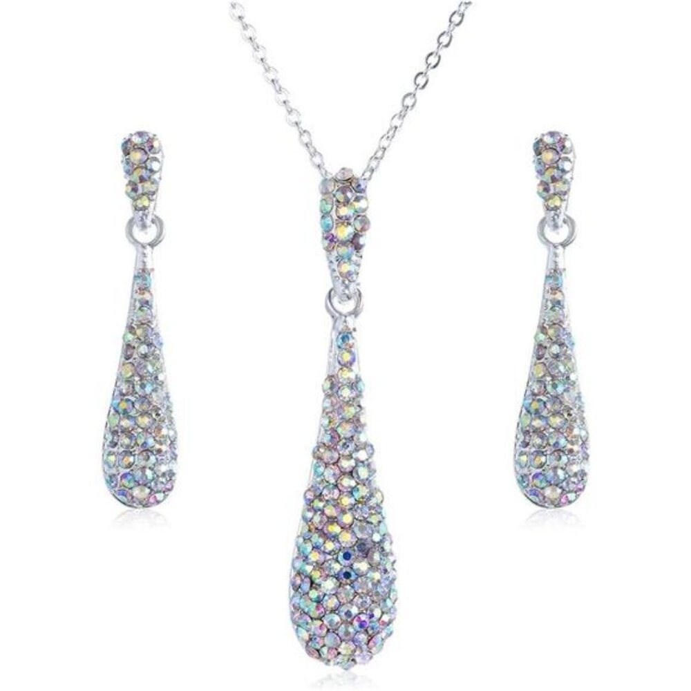 Full Crystal Rhinestone Gem Tear Drop Pendant Necklace Earrings Jewelry Sets